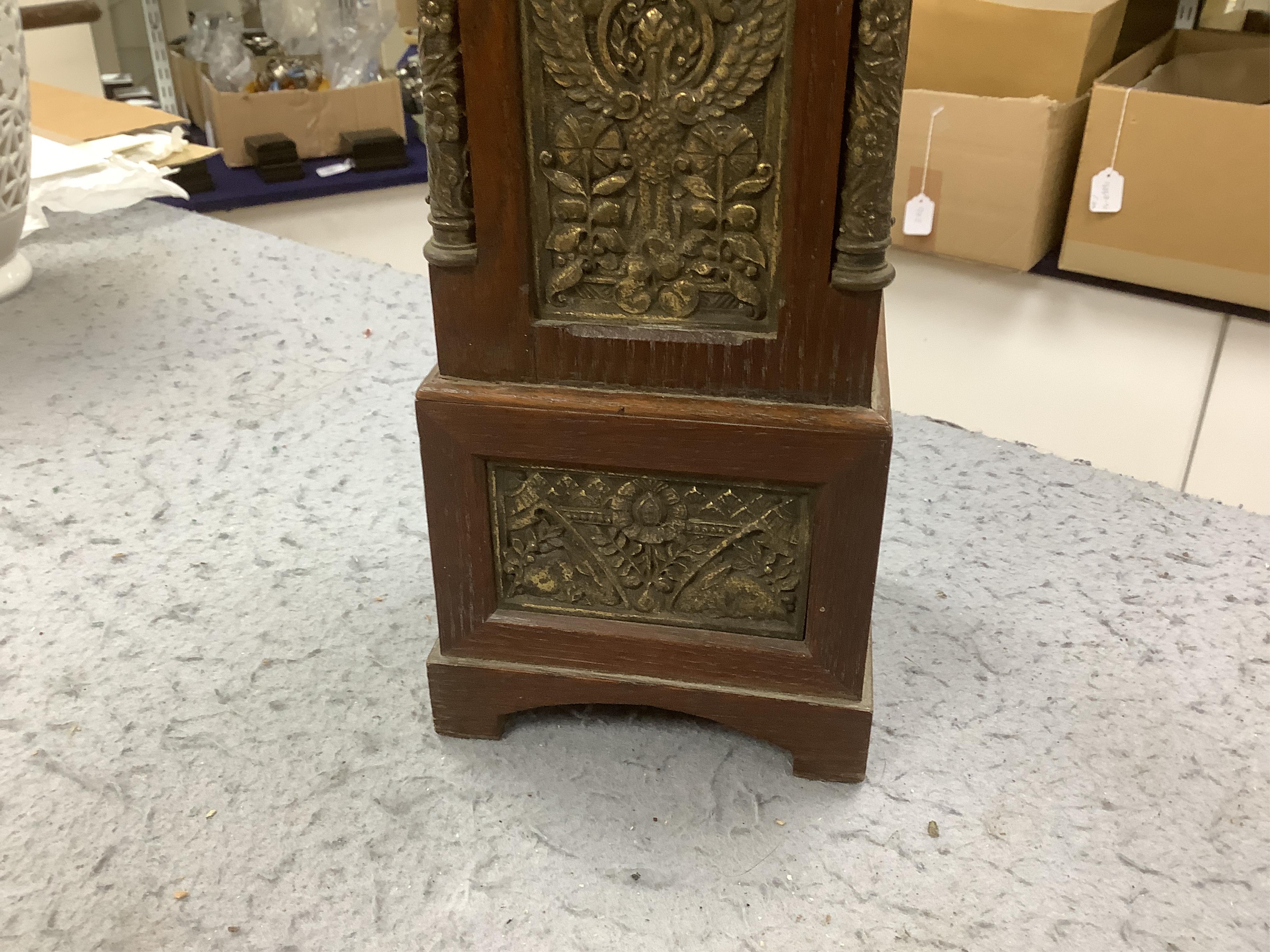 A miniature longcase clock and a miniature yew cylinder musical box, largest 42cm high. Condition - box poor, clock good